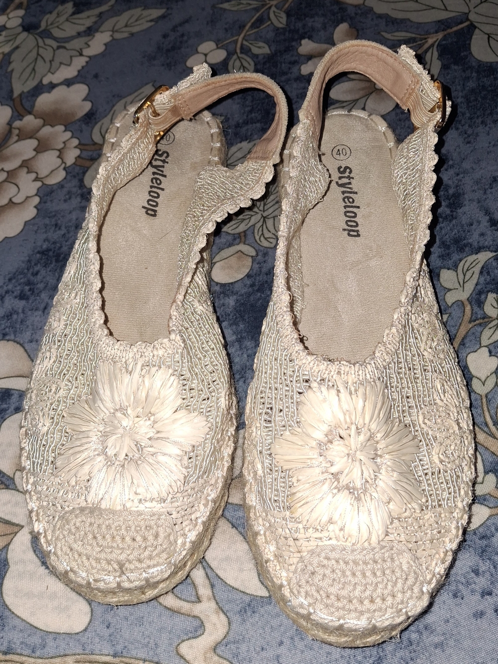 Styleloop Women's Floral Crochet Espadrille Slingback Flats Size 40 Beige